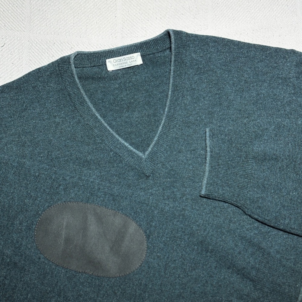 Gran Sasso Sweater Mens 60 (2XL) V-Neck Cashmere Wool Elbow Patches Teal Green